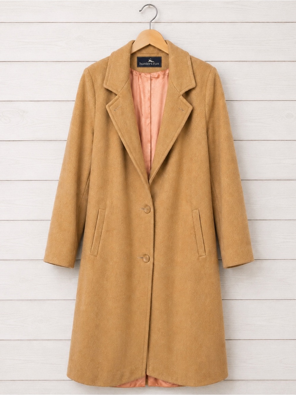 Vintage Hunters Run Camel Wool Long Trench Coat Jacket Pink Lining Large